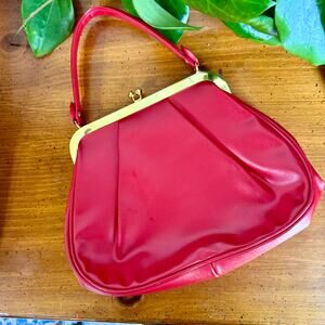 Vintage Red Vinyl Handbag Gold Frame Mod Purse 60s Retro Top Handle Bag